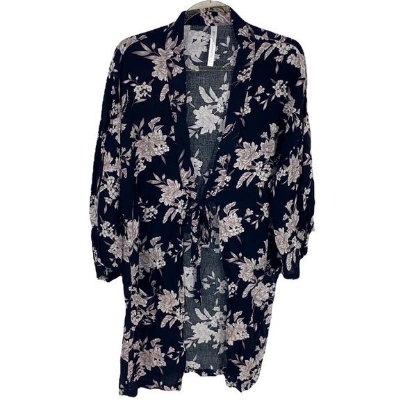 Spiritual Gangster Sweaters - Spiritual Gangster Black & White Floral Tie-Front Lightweight Kimono One Size